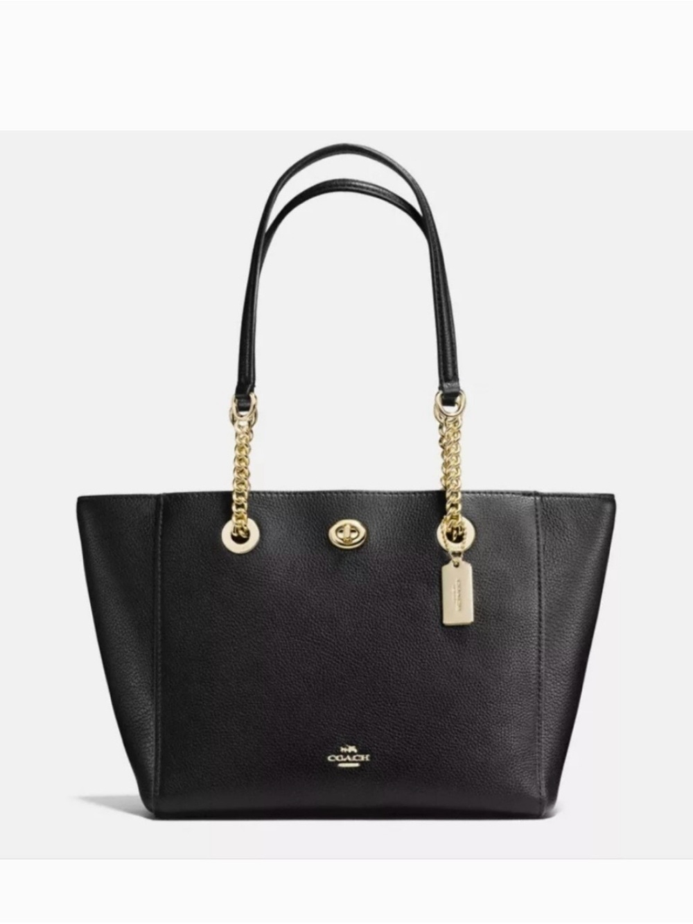 Turnlock Nwot SILVER chain black grainy leather lined tote purse COACH 57107